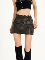 Nico Molly Dark Brown Lace Trim Bodycon Women's Faux Leather Mini Skirts