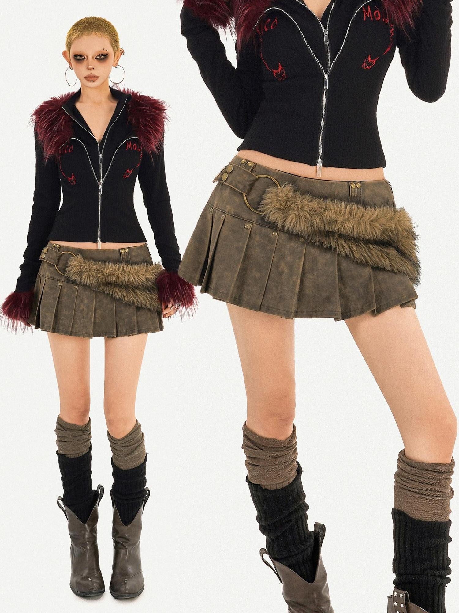Nico Molly Dark Brown Pleated Punk Fuzzy Waist Mid Rise Women's Mini Skirts