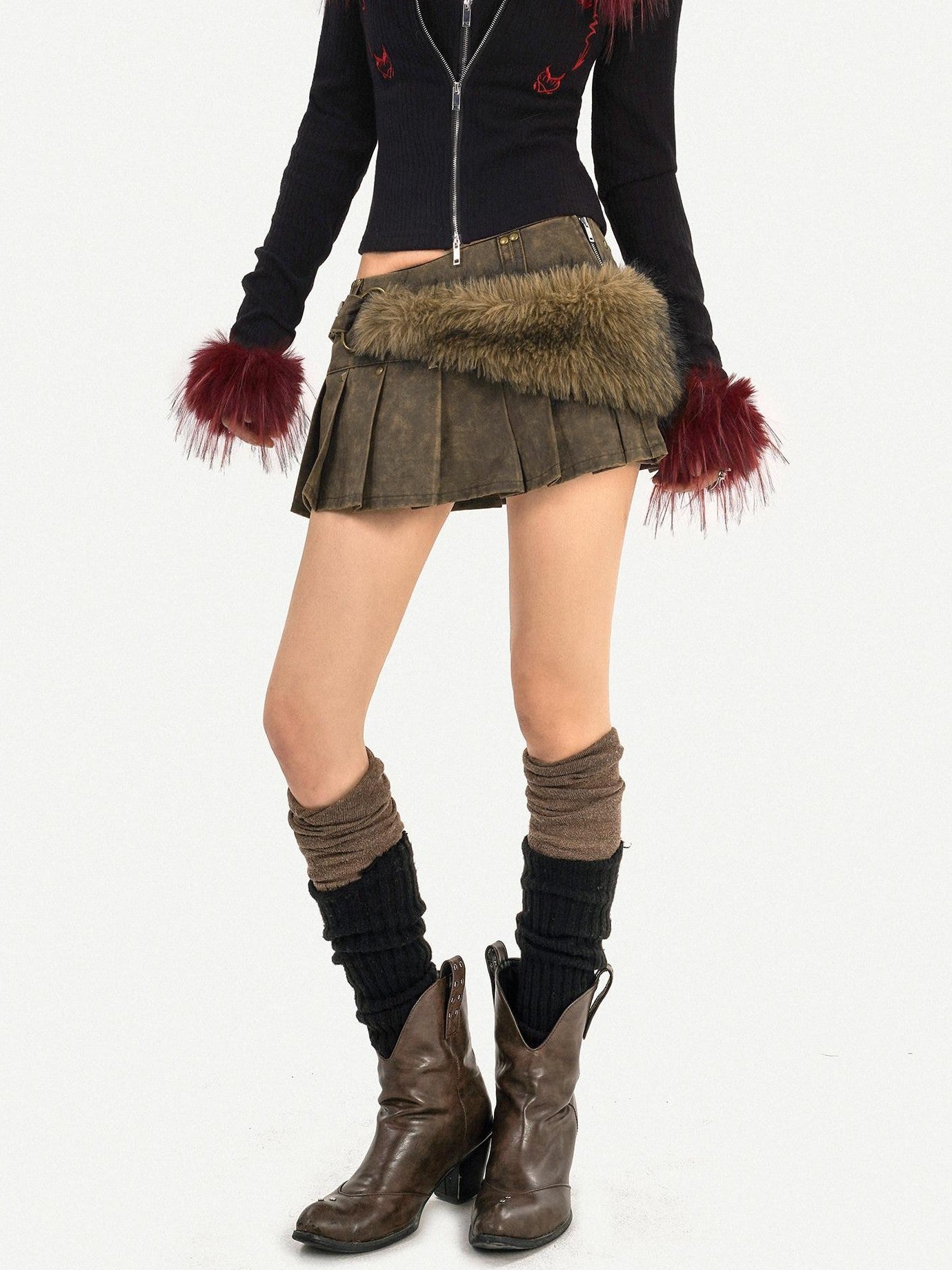 Nico Molly Dark Brown Pleated Punk Fuzzy Waist Mid Rise Women's Mini Skirts