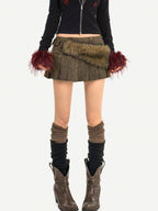 Nico Molly Dark Brown Pleated Punk Fuzzy Waist Mid Rise Women's Mini Skirts