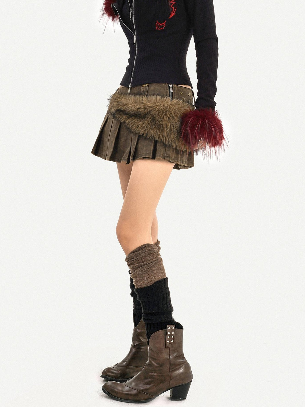 Nico Molly Dark Brown Pleated Punk Fuzzy Waist Mid Rise Women's Mini Skirts