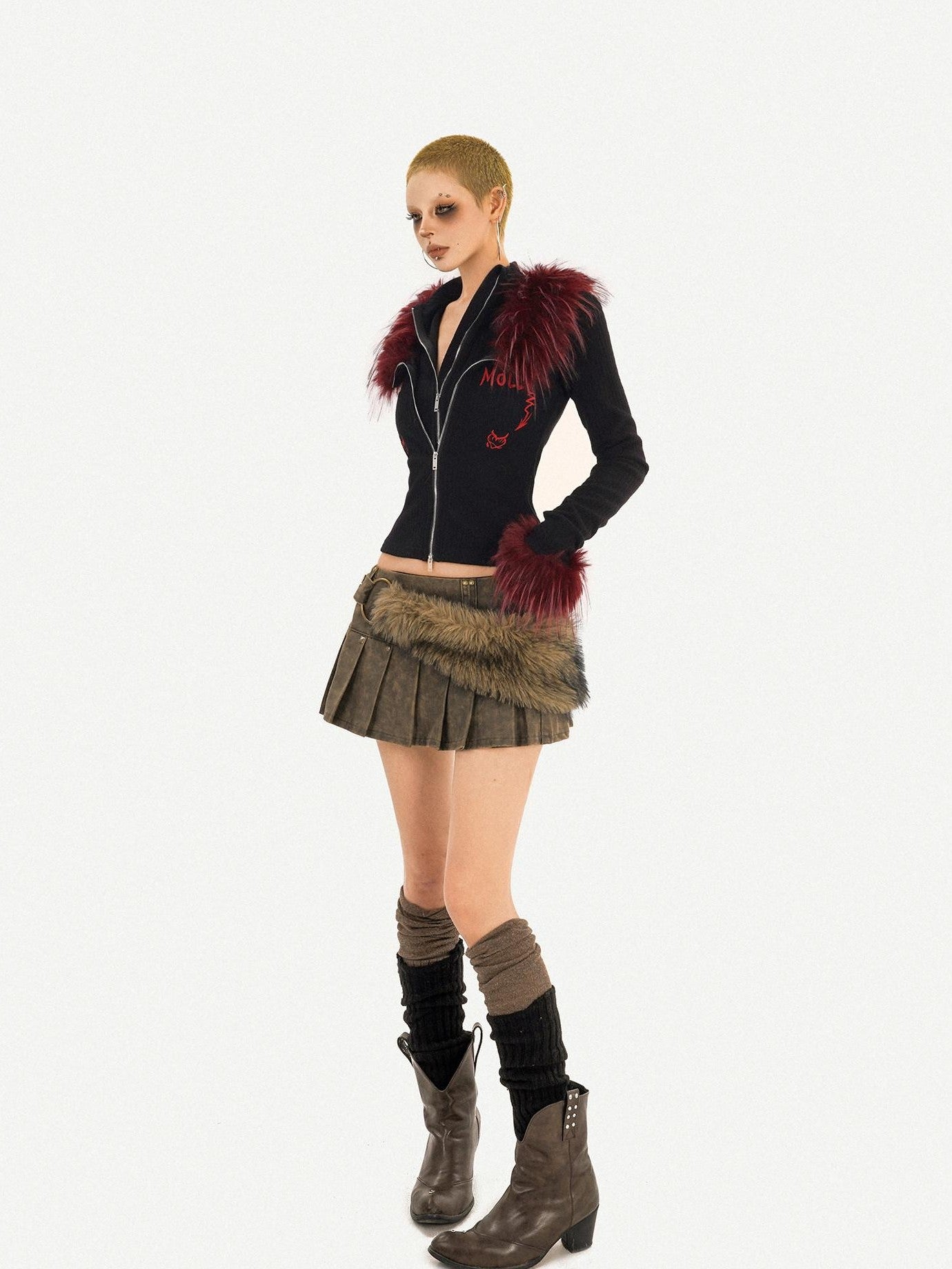 Nico Molly Dark Brown Pleated Punk Fuzzy Waist Mid Rise Women's Mini Skirts