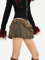 Nico Molly Dark Brown Pleated Punk Fuzzy Waist Mid Rise Women's Mini Skirts
