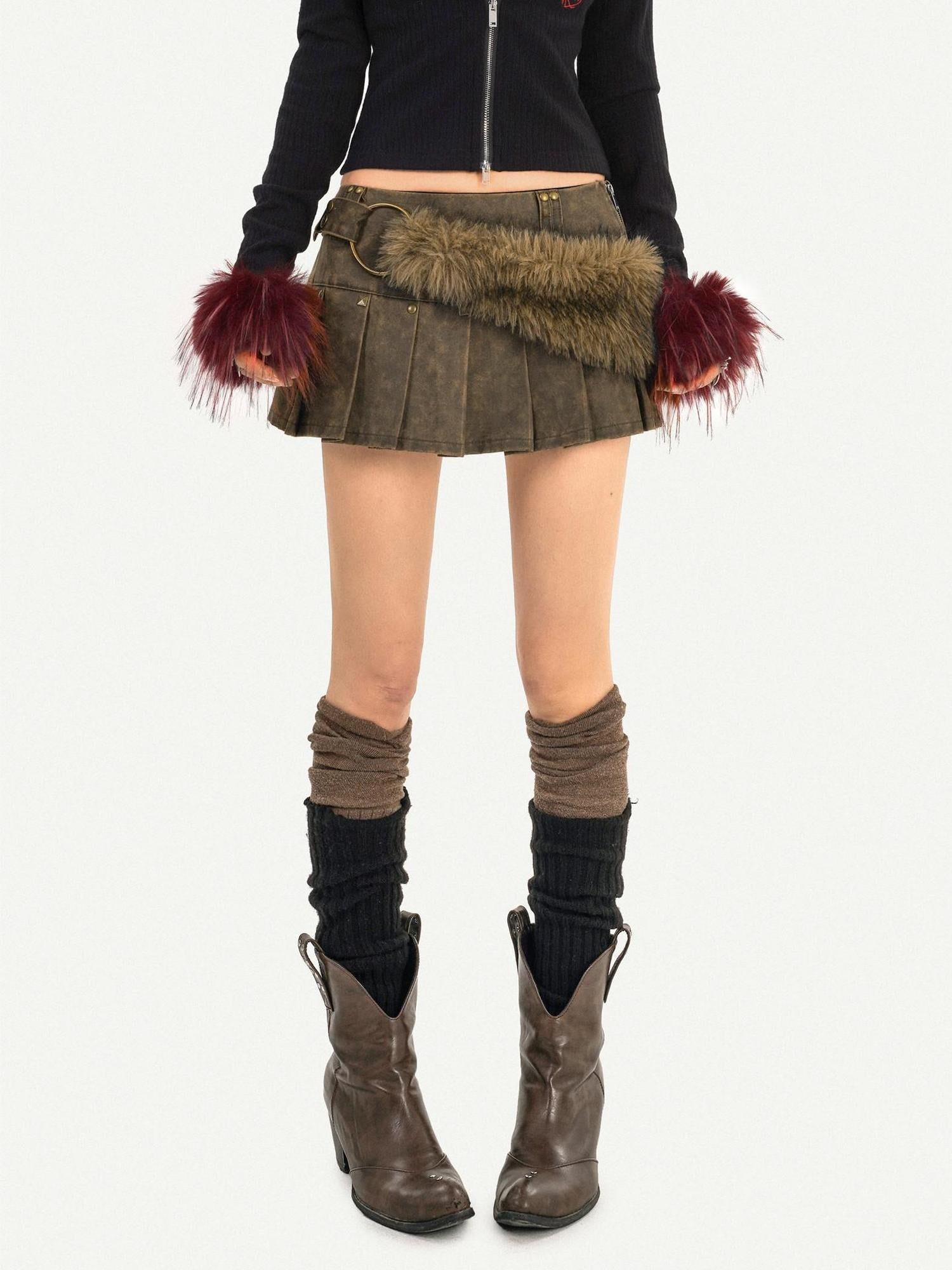 Nico Molly Dark Brown Pleated Punk Fuzzy Waist Mid Rise Women's Mini Skirts