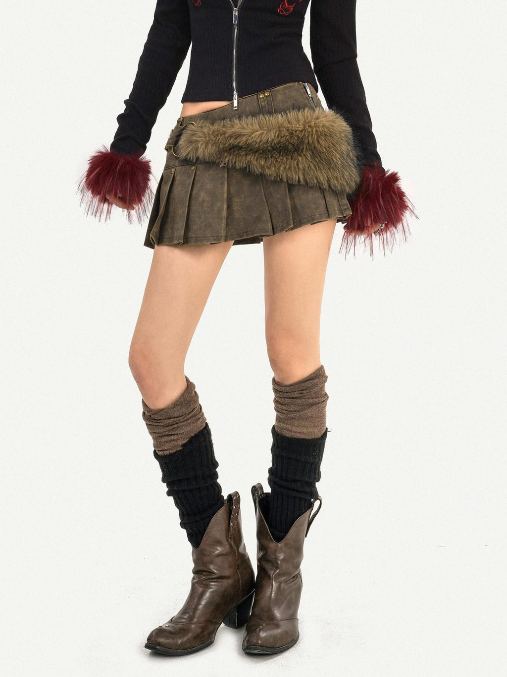 Nico Molly Dark Brown Pleated Punk Fuzzy Waist Mid Rise Women's Mini Skirts