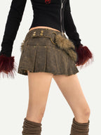 Nico Molly Dark Brown Pleated Punk Fuzzy Waist Mid Rise Women's Mini Skirts