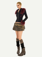 Nico Molly Dark Brown Pleated Punk Fuzzy Waist Mid Rise Women's Mini Skirts
