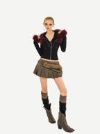 Nico Molly Dark Brown Pleated Punk Fuzzy Waist Mid Rise Women's Mini Skirts