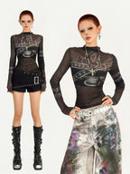 Nico Molly Dark Goth Punk Printed Slim Fit Women's Mesh Long Sleeve T-shirts