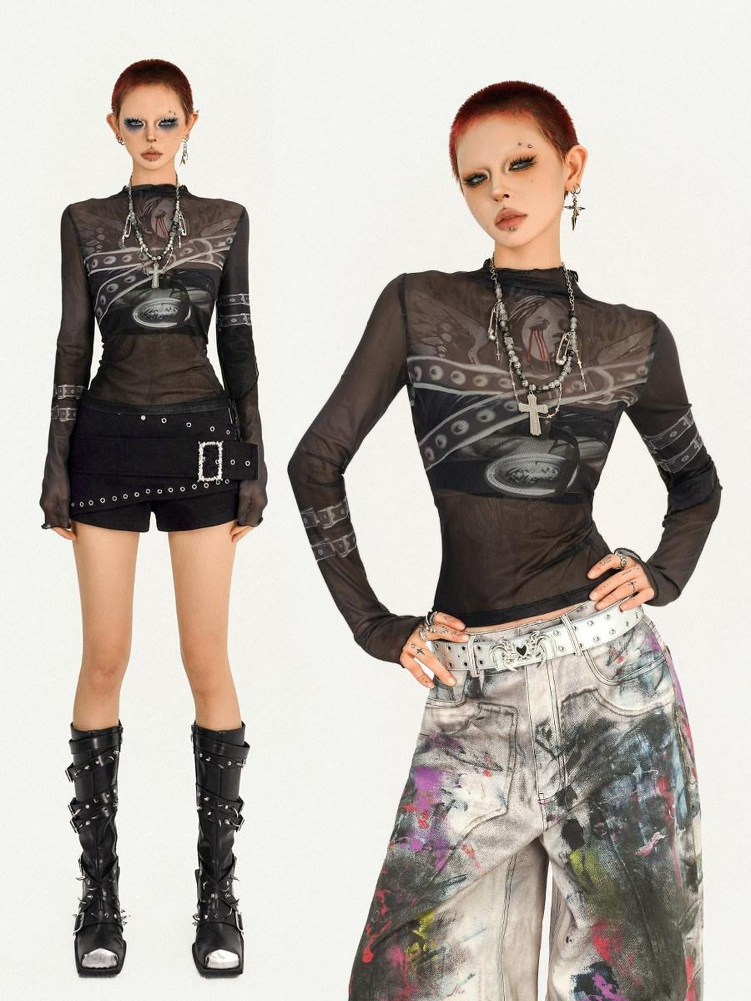 Nico Molly Dark Goth Punk Printed Slim Fit Women's Mesh Long Sleeve T-shirts