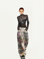 Nico Molly Dark Goth Punk Printed Slim Fit Women's Mesh Long Sleeve T-shirts