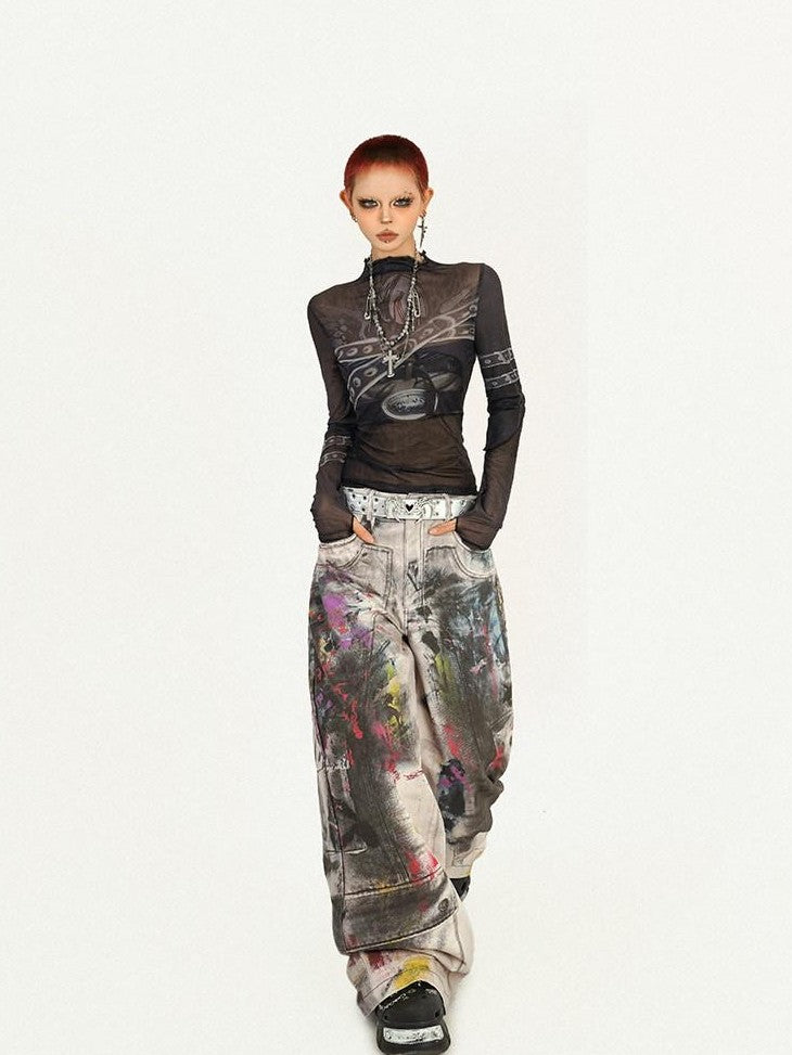 Nico Molly Dark Goth Punk Printed Slim Fit Women's Mesh Long Sleeve T-shirts