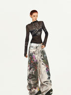 Nico Molly Dark Goth Punk Printed Slim Fit Women's Mesh Long Sleeve T-shirts
