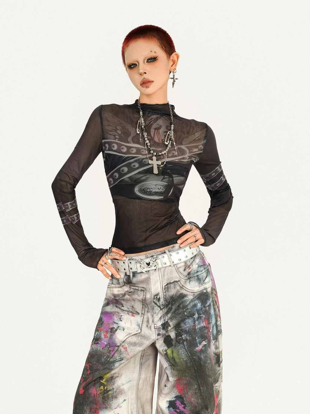 Nico Molly Dark Goth Punk Printed Slim Fit Women's Mesh Long Sleeve T-shirts
