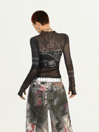 Nico Molly Dark Goth Punk Printed Slim Fit Women's Mesh Long Sleeve T-shirts