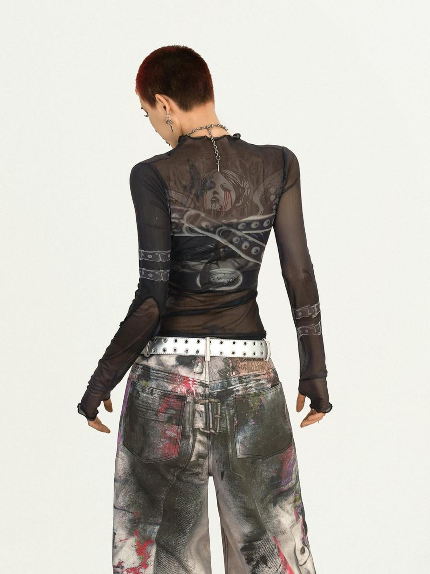 Nico Molly Dark Goth Punk Printed Slim Fit Women's Mesh Long Sleeve T-shirts
