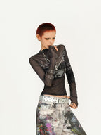 Nico Molly Dark Goth Punk Printed Slim Fit Women's Mesh Long Sleeve T-shirts