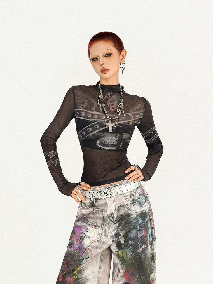 Nico Molly Dark Goth Punk Printed Slim Fit Women's Mesh Long Sleeve T-shirts