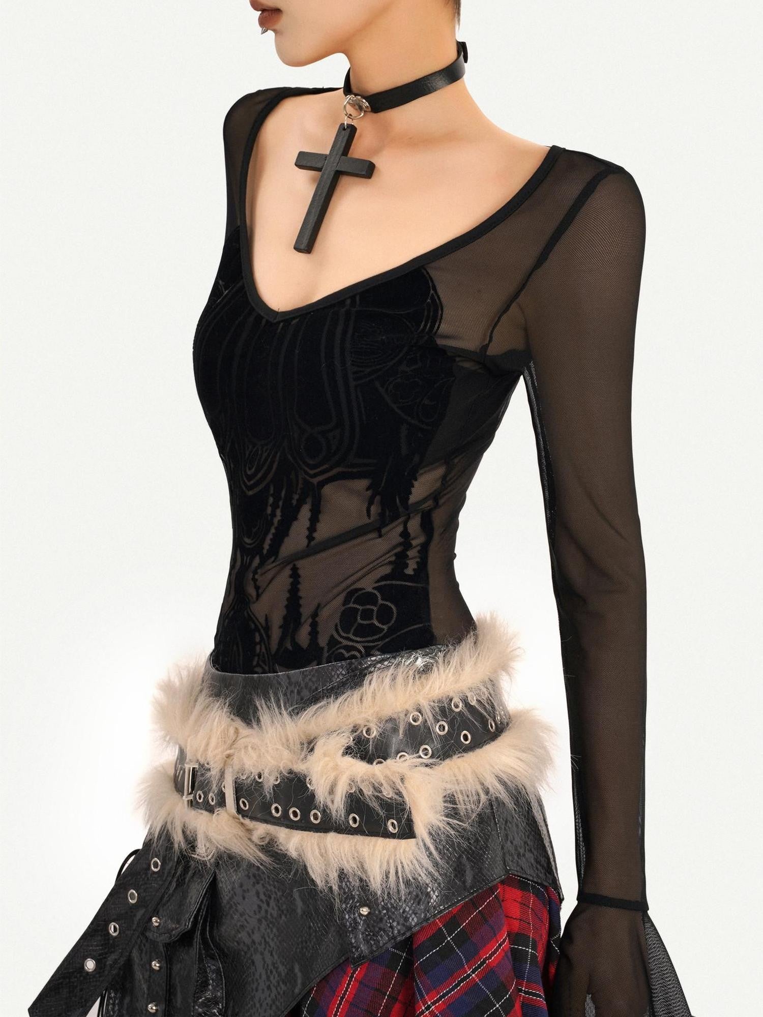 Nico Molly Dark Gothic Flocked Sheer V-neck Bell Sleeve Women's Mesh Long Sleeve T-shirts