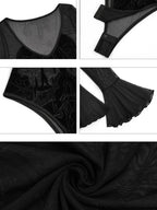 Nico Molly Dark Gothic Flocked Sheer V-neck Bell Sleeve Women's Mesh Long Sleeve T-shirts