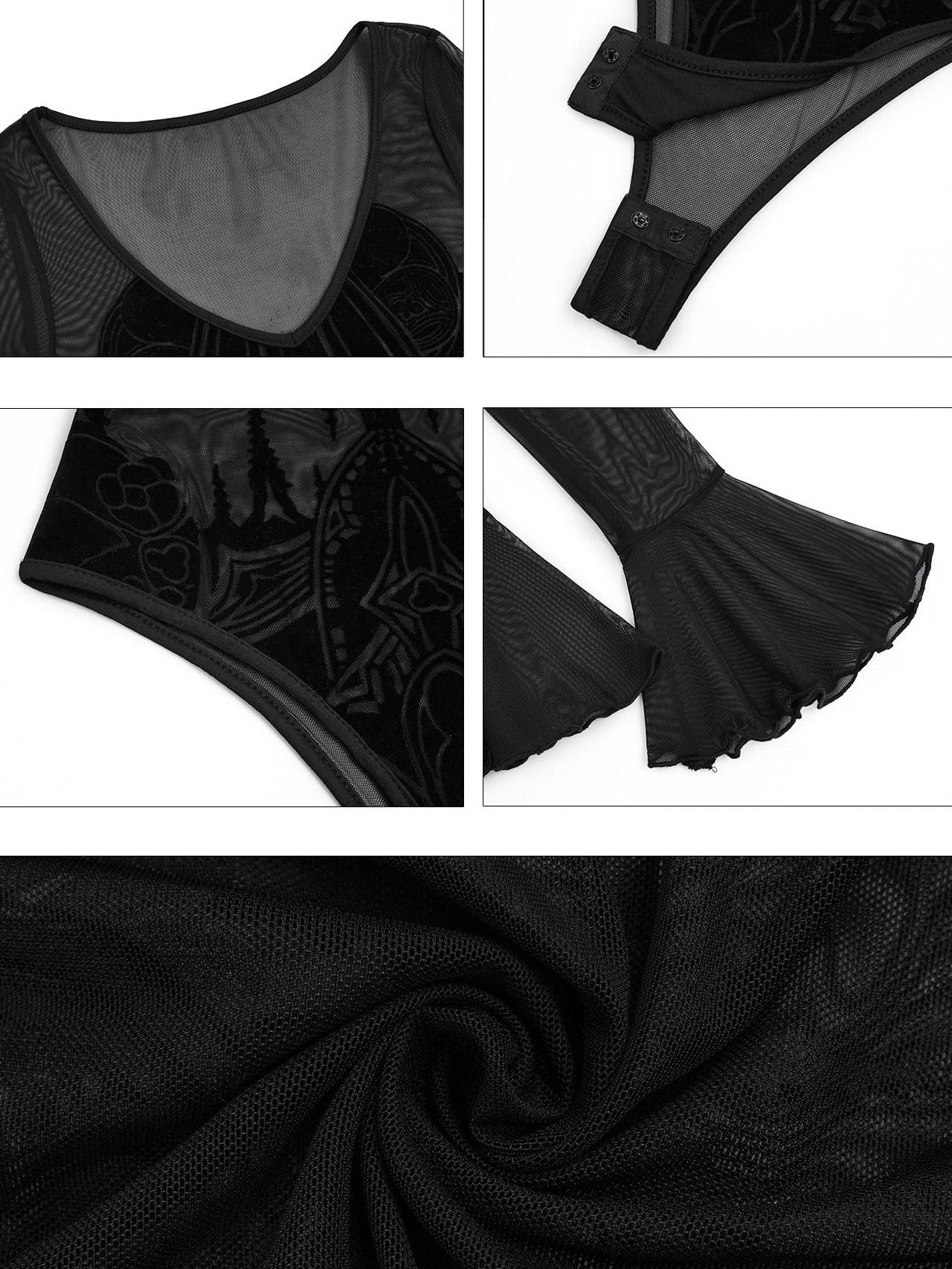 Nico Molly Dark Gothic Flocked Sheer V-neck Bell Sleeve Women's Mesh Long Sleeve T-shirts