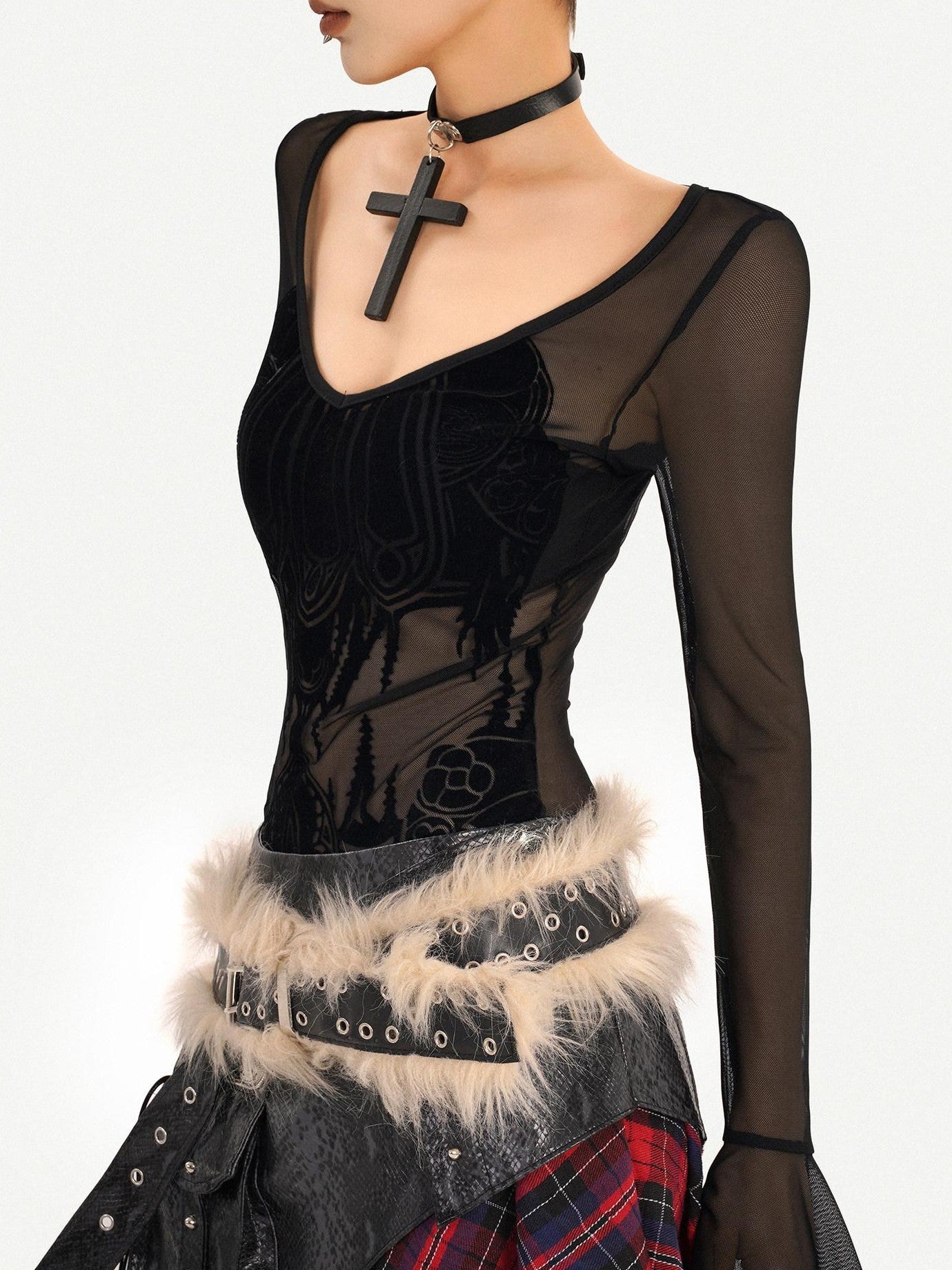 Nico Molly Dark Gothic Flocked Sheer V-neck Bell Sleeve Women's Mesh Long Sleeve T-shirts