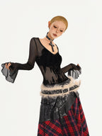 Nico Molly Dark Gothic Flocked Sheer V-neck Bell Sleeve Women's Mesh Long Sleeve T-shirts