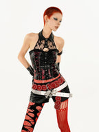 Nico Molly Dark Gothic Heavy Lace Halter Backless Cropped Women's Pu Tank Tops