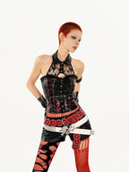 Nico Molly Dark Gothic Heavy Lace Halter Backless Cropped Women's Pu Tank Tops