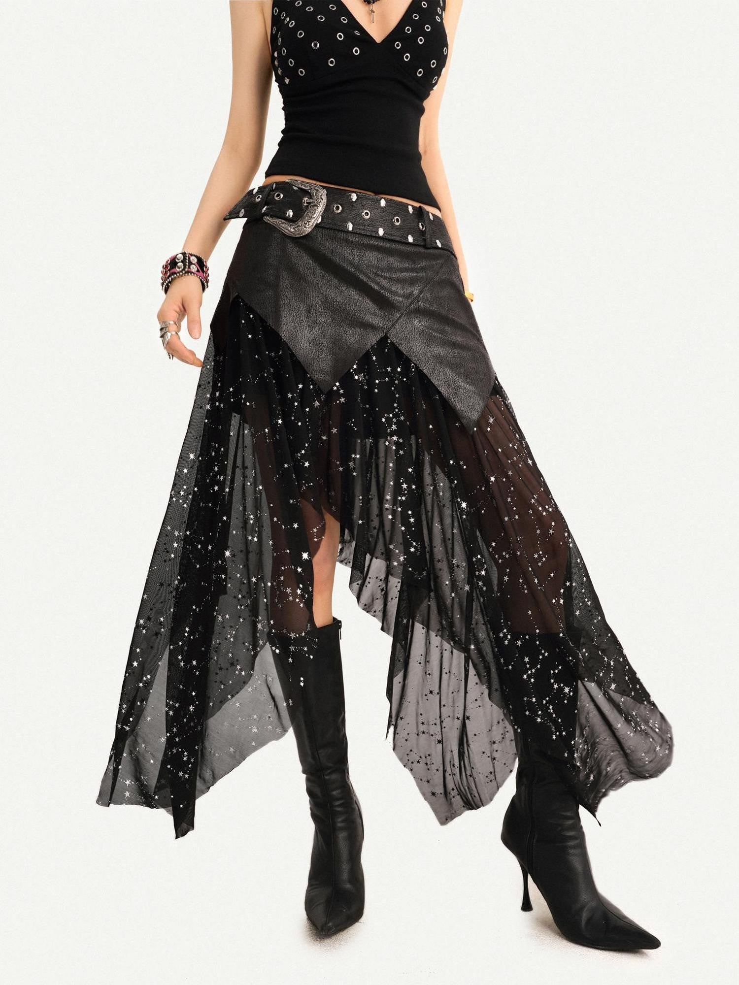 Nico Molly Dark Gothic Mesh Tulle Patchwork Asymmetric Cami Women's Lined Top & Pants Sets