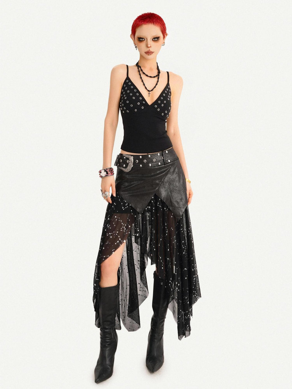 Nico Molly Dark Gothic Mesh Tulle Patchwork Asymmetric Cami Women's Lined Top & Pants Sets