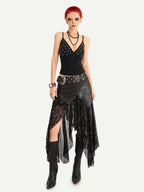 Nico Molly Dark Gothic Mesh Tulle Patchwork Asymmetric Cami Women's Lined Top & Pants Sets