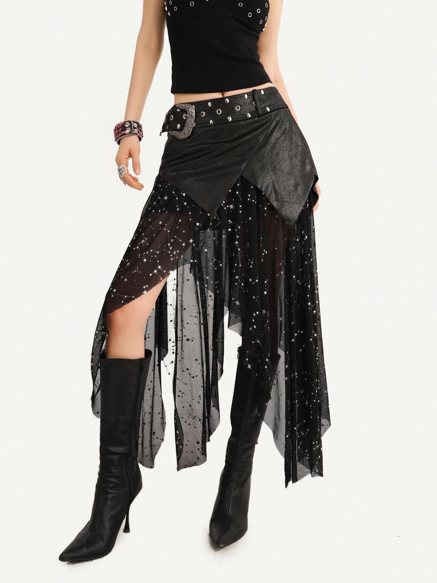Nico Molly Dark Gothic Mesh Tulle Patchwork Asymmetric Cami Women's Lined Top & Pants Sets