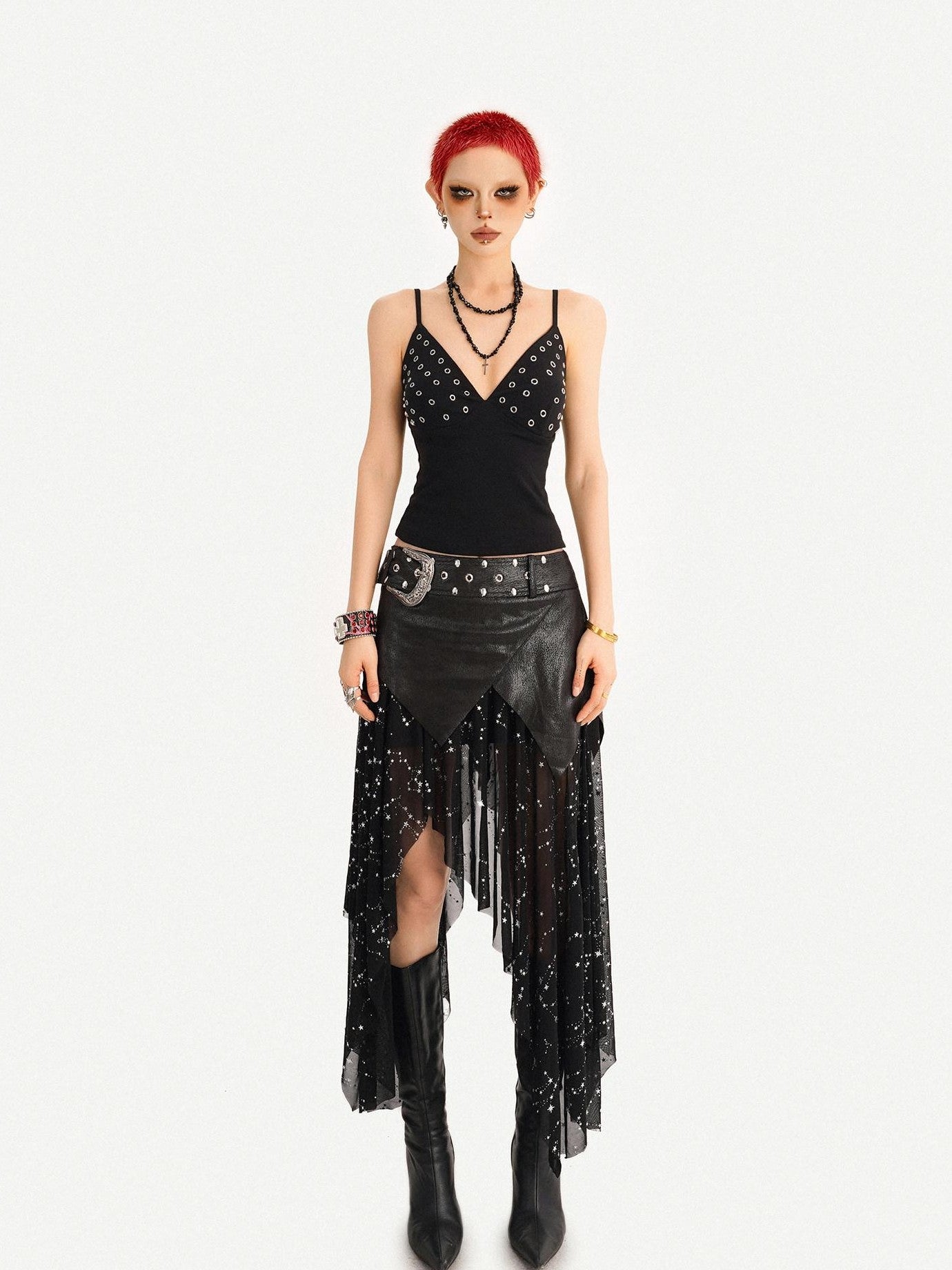 Nico Molly Dark Gothic Mesh Tulle Patchwork Asymmetric Cami Women's Lined Top & Pants Sets