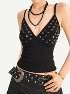 Nico Molly Dark Gothic Mesh Tulle Patchwork Asymmetric Cami Women's Lined Top & Pants Sets