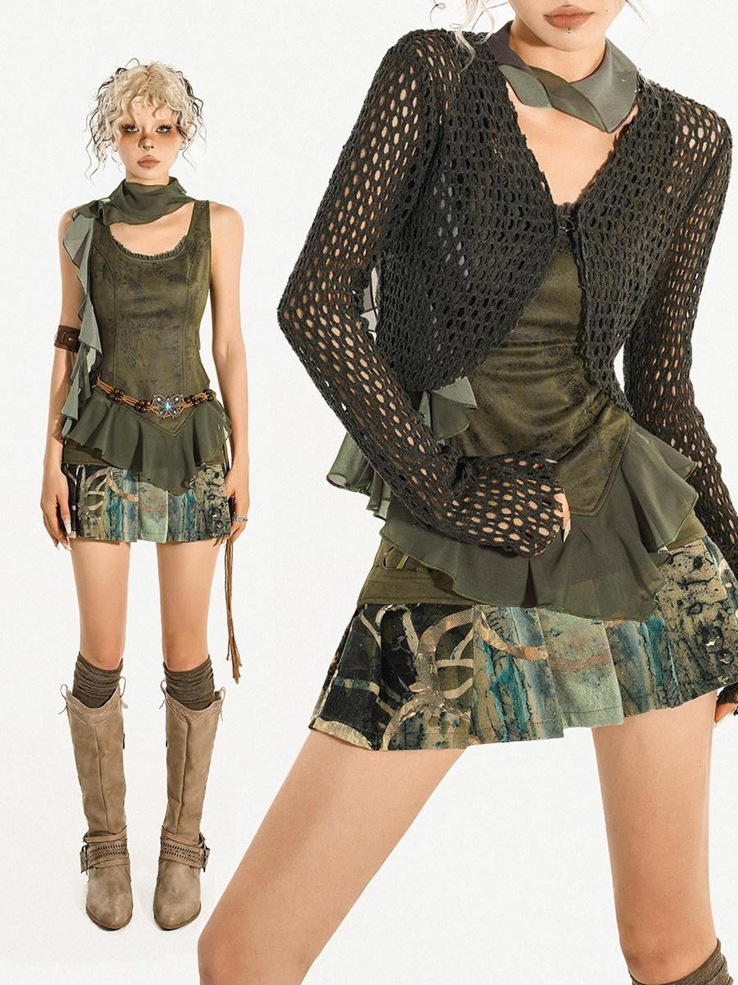 Nico Molly Dark Green Openwork Cropped Tie Front V-neck Women's Polyester Cardigans