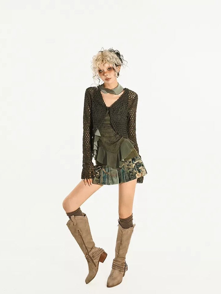 Nico Molly Dark Green Openwork Cropped Tie Front V-neck Women's Polyester Cardigans
