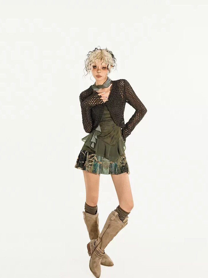 Nico Molly Dark Green Openwork Cropped Tie Front V-neck Women's Polyester Cardigans