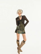 Nico Molly Dark Green Openwork Cropped Tie Front V-neck Women's Polyester Cardigans