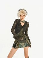 Nico Molly Dark Green Openwork Cropped Tie Front V-neck Women's Polyester Cardigans