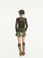 Nico Molly Dark Green Openwork Cropped Tie Front V-neck Women's Polyester Cardigans