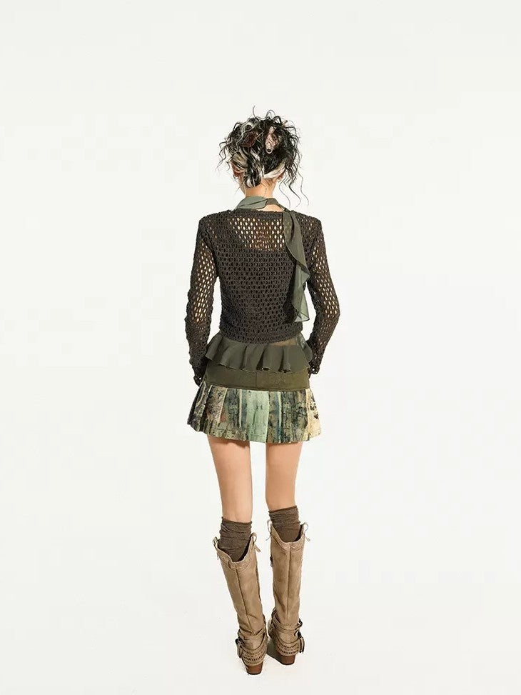 Nico Molly Dark Green Openwork Cropped Tie Front V-neck Women's Polyester Cardigans