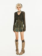 Nico Molly Dark Green Openwork Cropped Tie Front V-neck Women's Polyester Cardigans