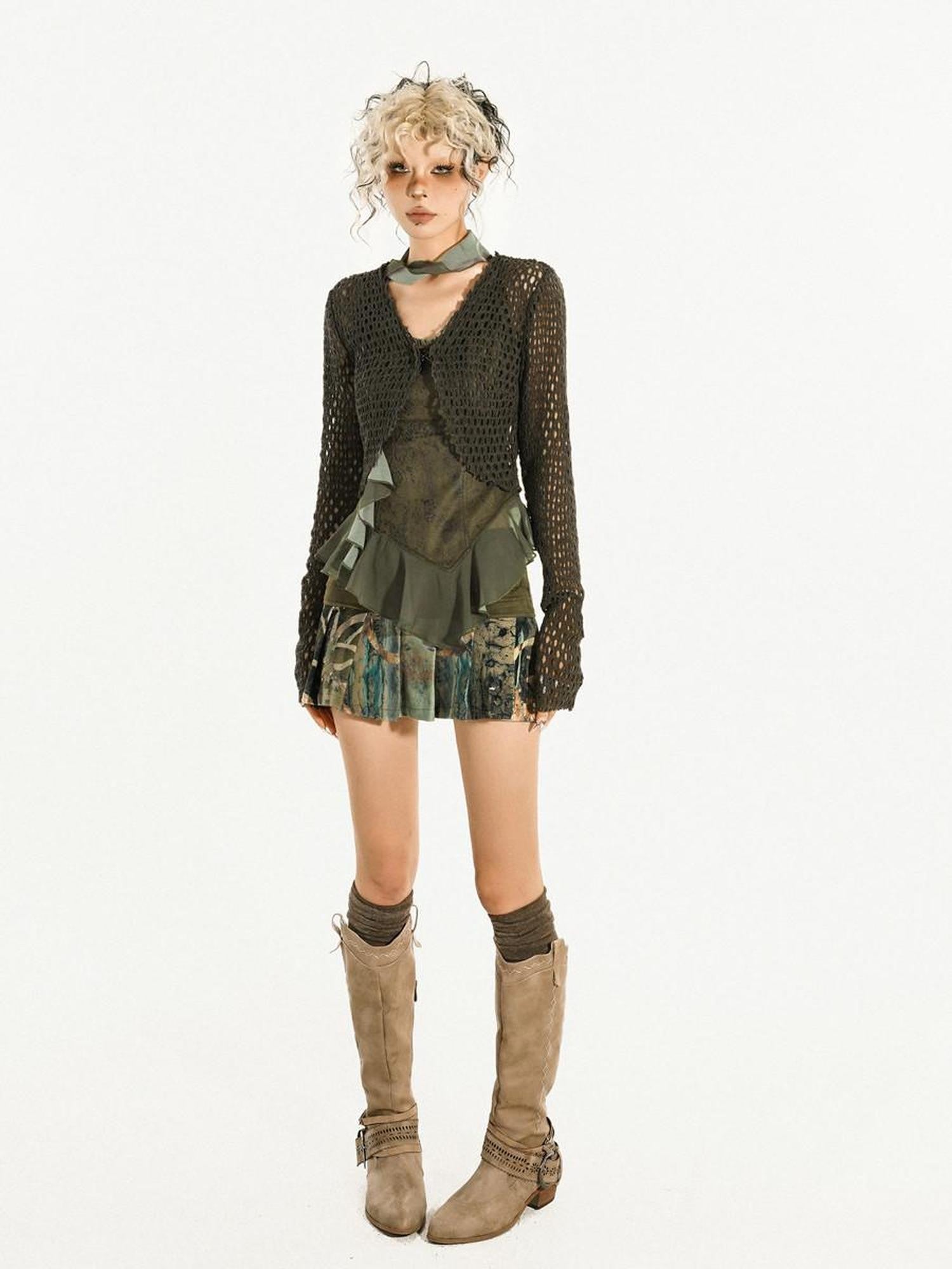 Nico Molly Dark Green Openwork Cropped Tie Front V-neck Women's Polyester Cardigans