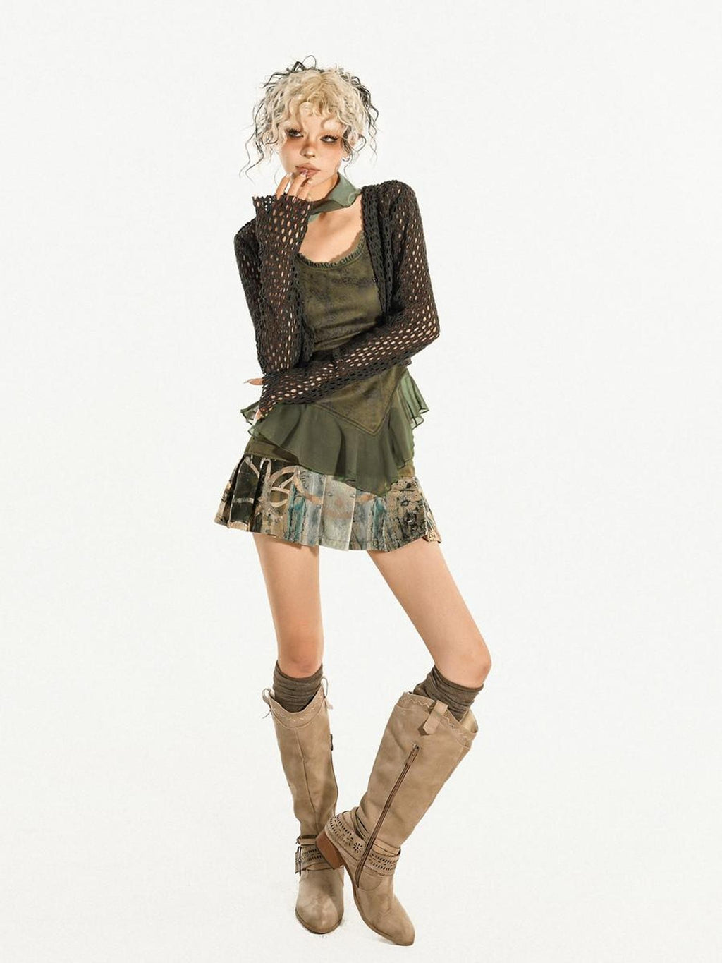 Nico Molly Dark Green Openwork Cropped Tie Front V-neck Women's Polyester Cardigans