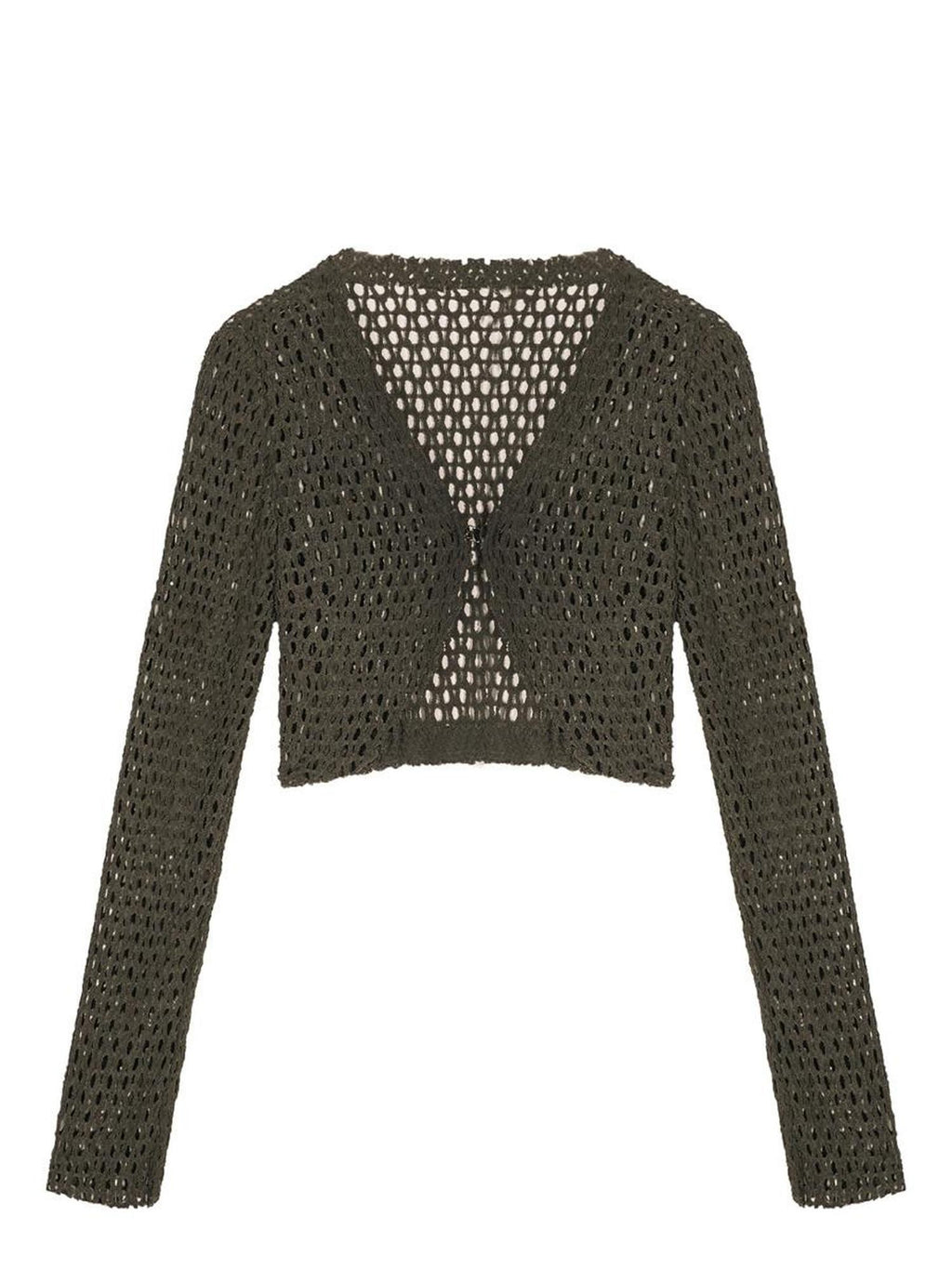 Nico Molly Dark Green Openwork Cropped Tie Front V-neck Women's Polyester Cardigans