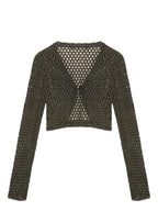 Nico Molly Dark Green Openwork Cropped Tie Front V-neck Women's Polyester Cardigans