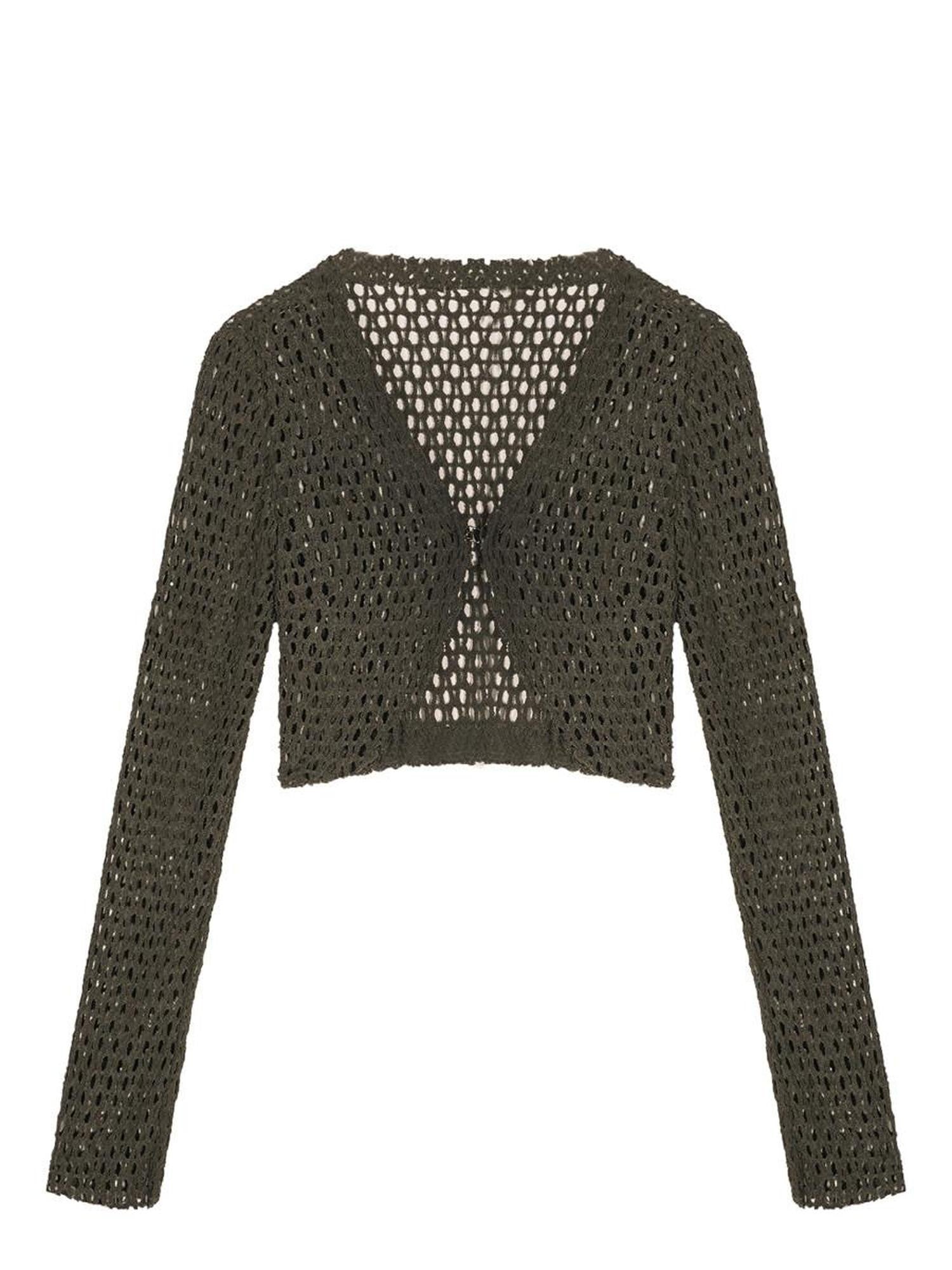 Nico Molly Dark Green Openwork Cropped Tie Front V-neck Women's Polyester Cardigans
