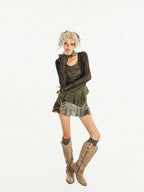 Nico Molly Dark Green Openwork Cropped Tie Front V-neck Women's Polyester Cardigans