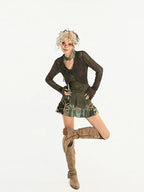 Nico Molly Dark Green Openwork Cropped Tie Front V-neck Women's Polyester Cardigans